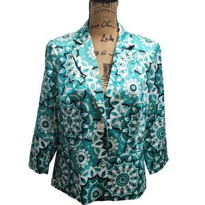 Madison Petite Womens Teal Floral Print Blazer Jacket 3/4 Sleeve Size PL